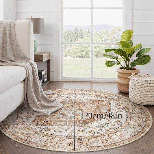 4ft Boho Round Area Rug, Machine Washable, Non-Slip, Lightweight Polyester Blend, Oriental Distressed Print, with Throw Rug for Bedroom, Living Room, Indoor, Entryway, Bathroom