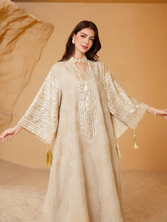 Oriental Middle Eastern Muslim Eid New Style Dress Women's Abaya V-Neck Regular Fashion Slit Sleeve Mesh Embroidery Beaded Craft Evening Gown Jalabiya Turkish Evening Wear Abaya
