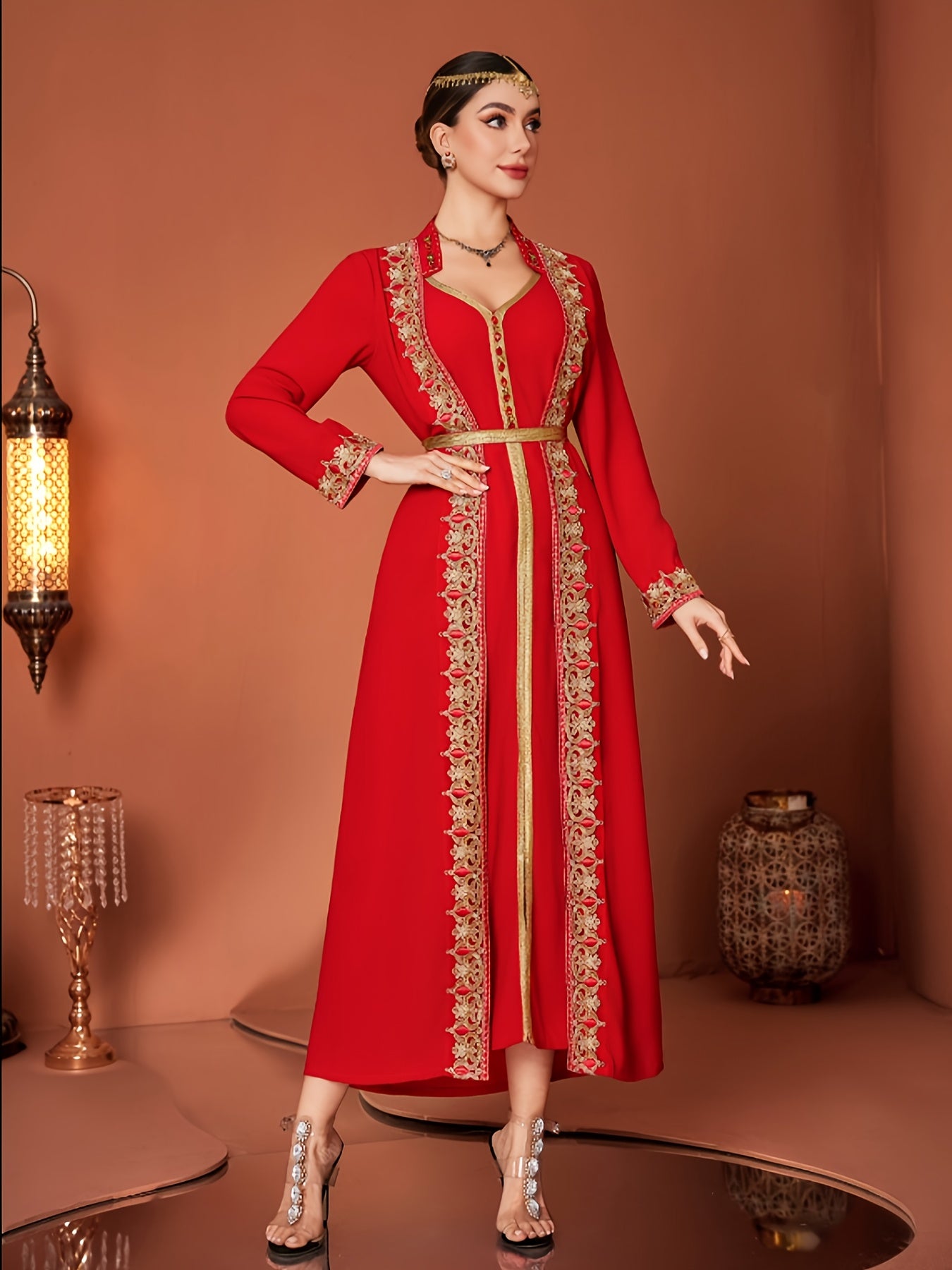 Women's Red Middle Eastern-Inspired Casual Emirati Abaya with Waist & Long Sleeves - 100% Polyester Lightweight Spring/Summer Dress, Elegant Hand Wash Only Solid Color Dress