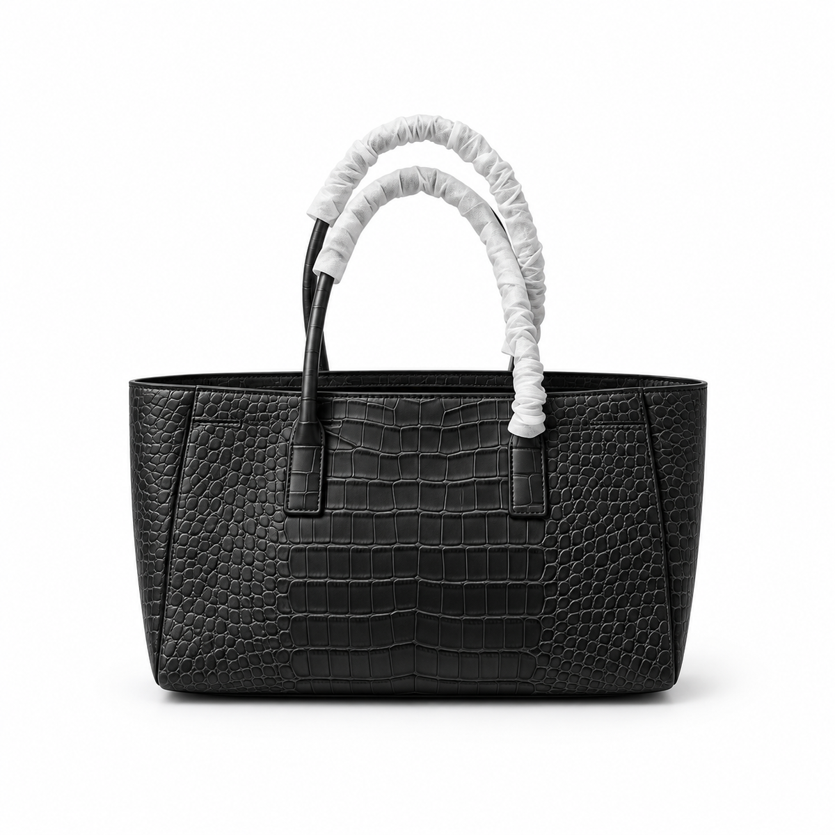 Elegant Black Crocodile Embossed Structured Tote