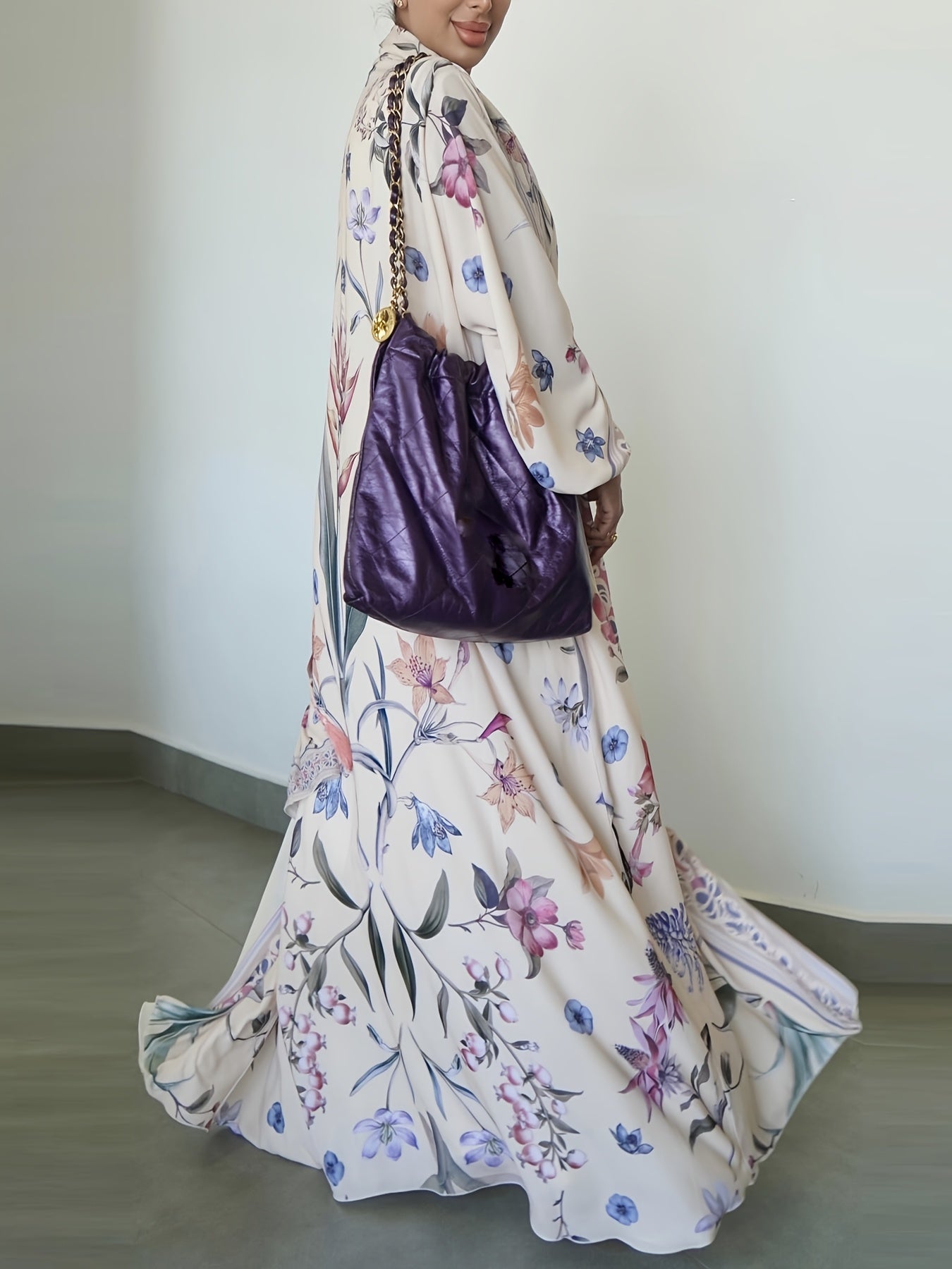 Floral Print V-Neck Abaya Robe with Long Sleeves - Lightweight Loose Fit Long Dress and Headscarf Set for Women, Spring/Summer Collection, Versatile Fashionable Long Robe, Headscarf 2pcs