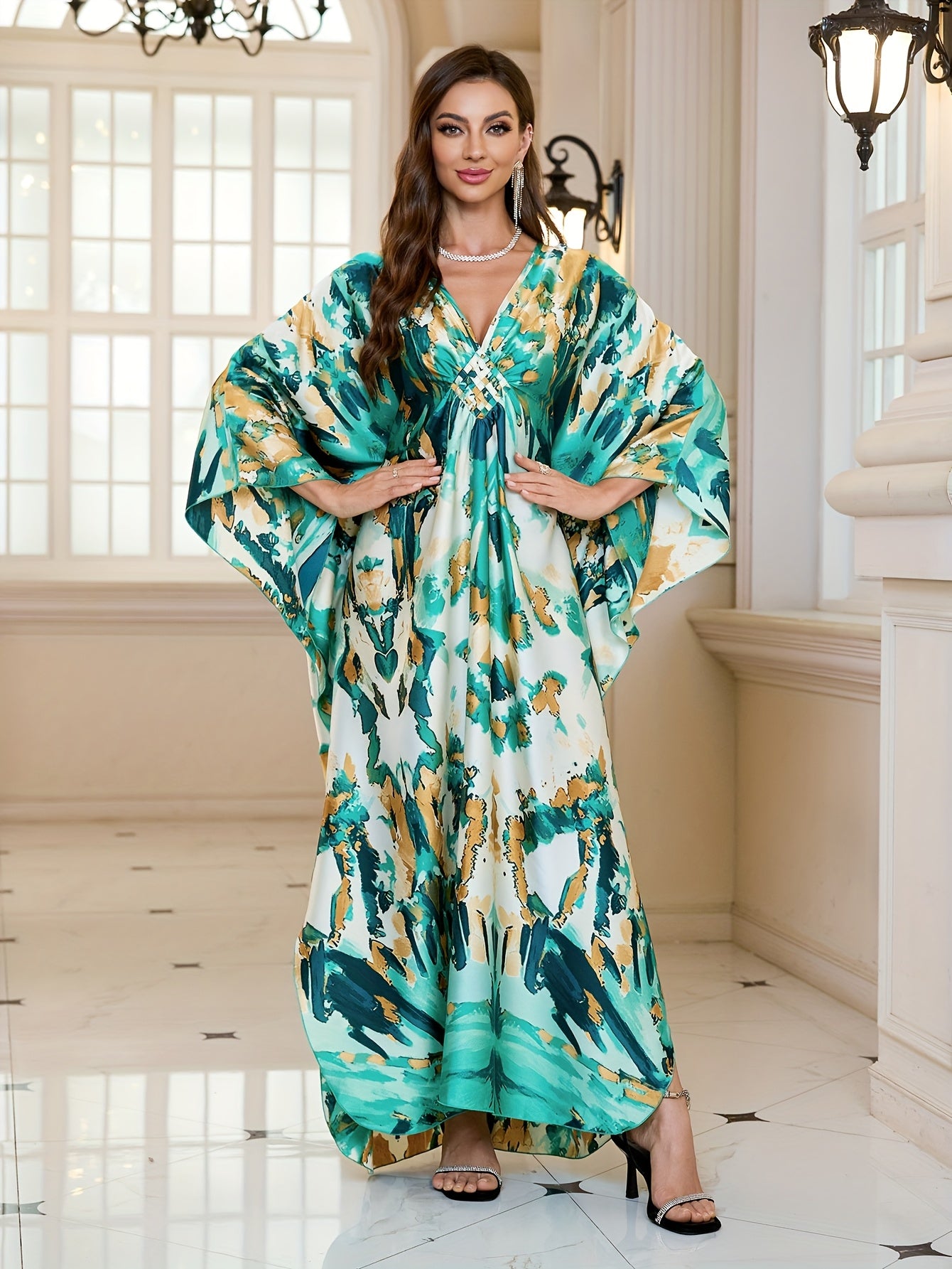 [Plus Size Kaftans] Elegant Plus Size Green and White Printed Beach Kaftans | Maxi Dresses Holiday Bathing Suits Cover Ups