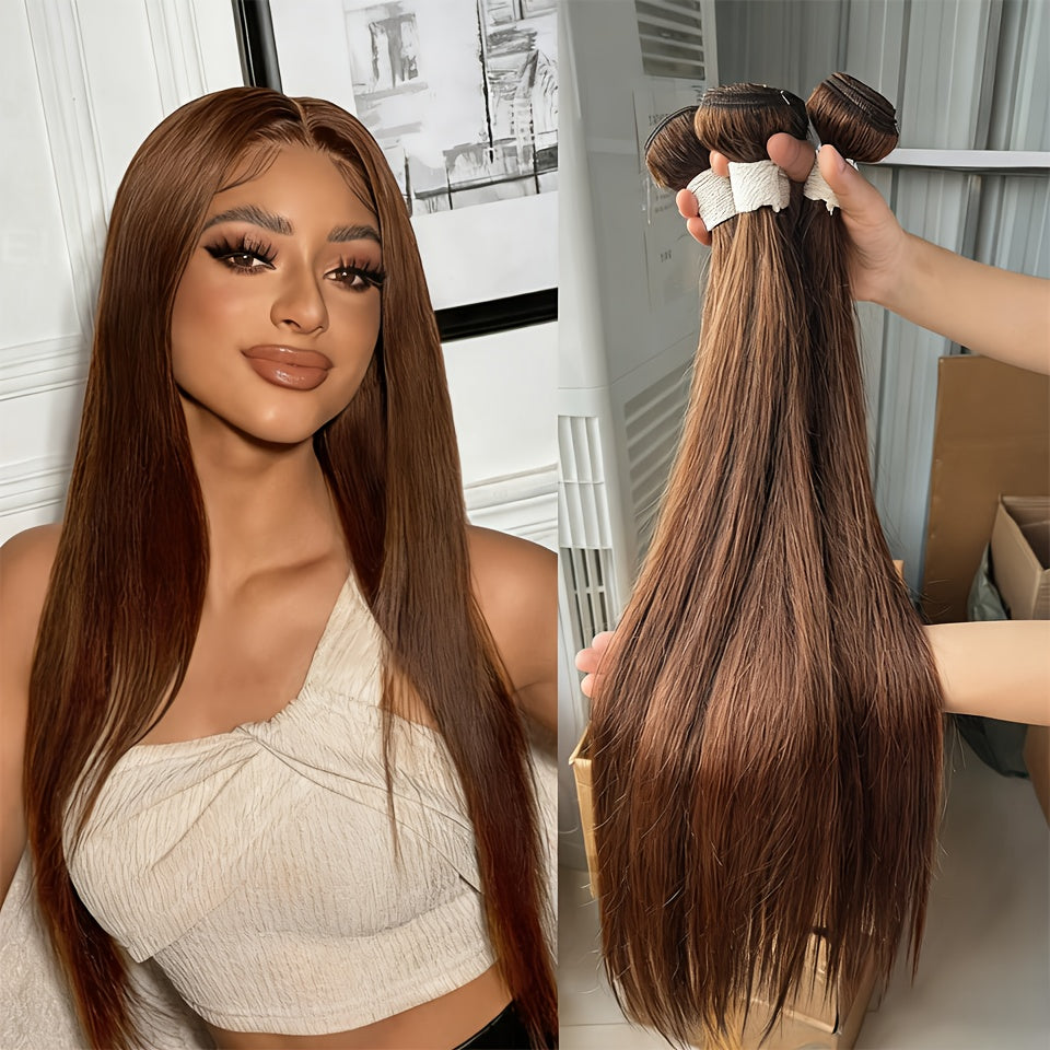 #4 Brown | 100% Virgin Human Hair Extensions 3 Bundles - Brazilian Remy Clip-Ins for School, College, Party & Dating | Soft, Tangle-Free & Smooth | Back to School Ready! Limited Time Offer