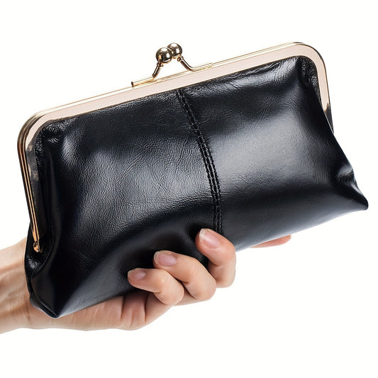 Vintage Chic Small Leather Clutch Bag - Multi-Layer Phone Wallet, Kiss Lock Closure, Evening Fashion Lipstick Pack