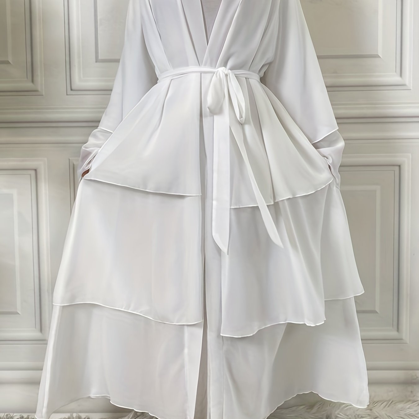 Ramadan Layered Open Front Modest Pakistani Abaya, Long Sleeve Muslim Dress With Belted, Without Hijab, Women's Clothing