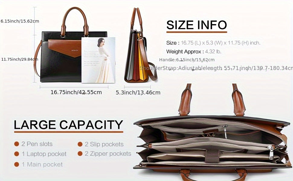 Women's Professional Leather Briefcase Tote Bag for 15.6 Inch Laptop - Work Handbag with Adjustable Shoulder Strap, Button Closure & Contrast Stitching