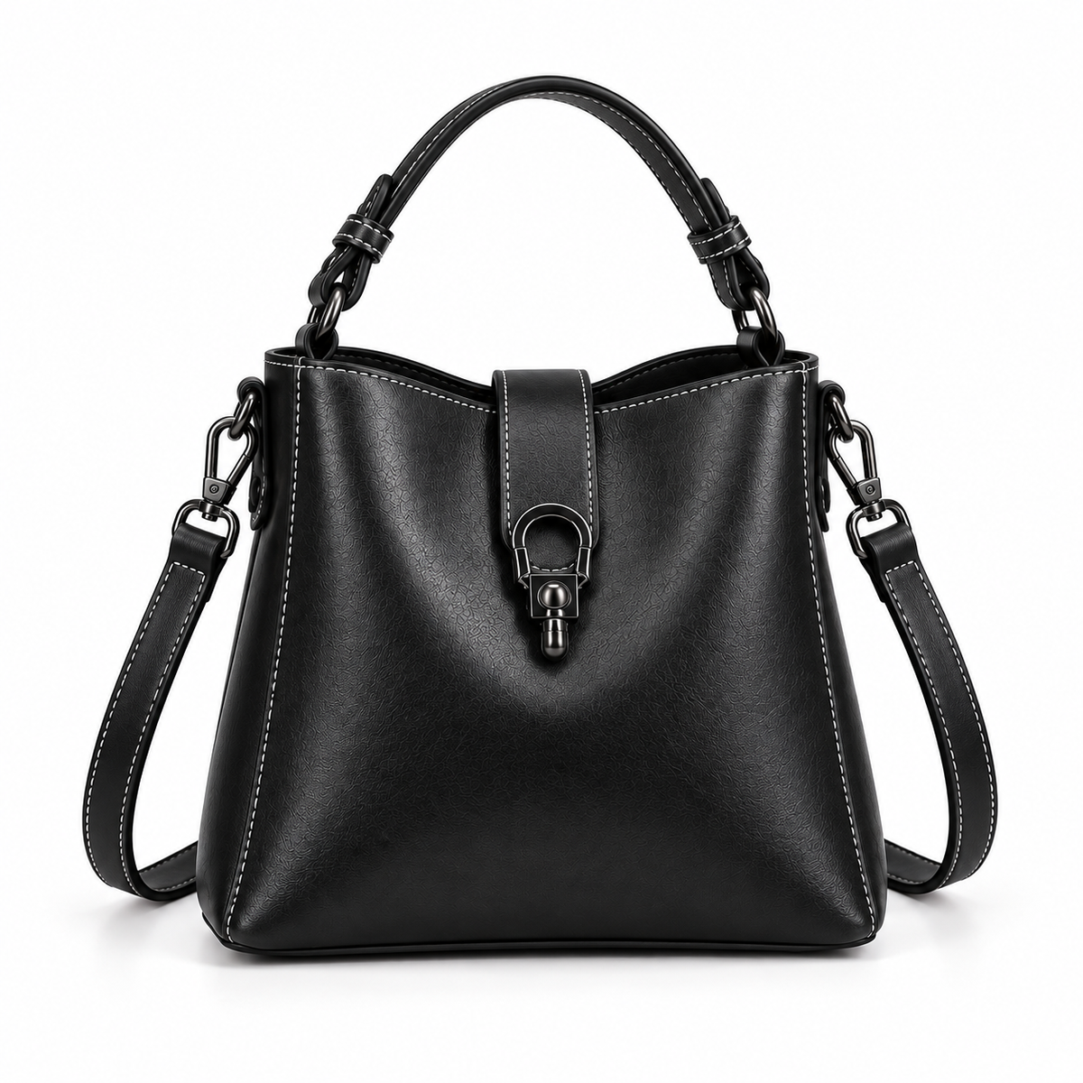 Black Structured Leather Crossbody Handbag