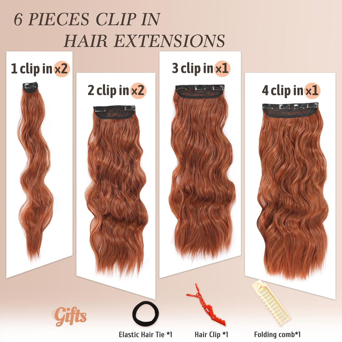 Clip in Hair Extensions for Women 20 Inch Long Wavy Curly Ginger Orange Hairpieces Full Head Synthetic Hair Hairpieces