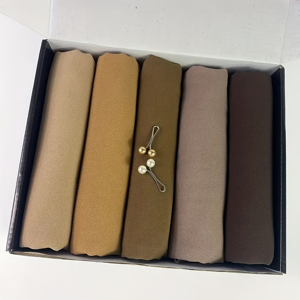 1box Solid Color Chiffon Hijab And Hijab Pins Thin Breathable Sunscreen Scarves (5pcs Minimalist Headscarfs + 2pcs Round Beads Clips), Hijab Set, Modest Fashion, Minimalist Scarf, Elegant Design, Delicate Weave, Lightweight F