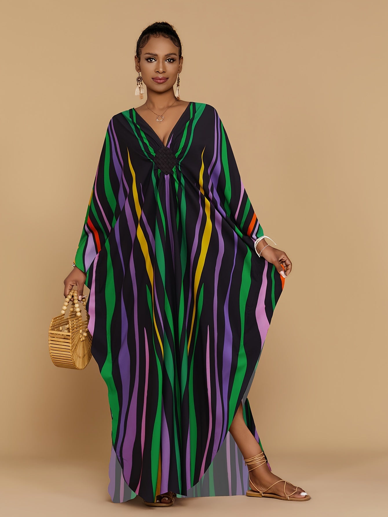 Vibrant Bohemian Kaftan Dress - Four-Sided Elastic V-Neck, Bat Sleeves, Beach Cover-Up