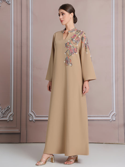 Elegant Dubai-Inspired Modern Kaftan Abaya for Women - Colorful Embroidered Long Robe with Large Size, Beige Abaya, Middle Eastern Fashion, Fashionable Clothing