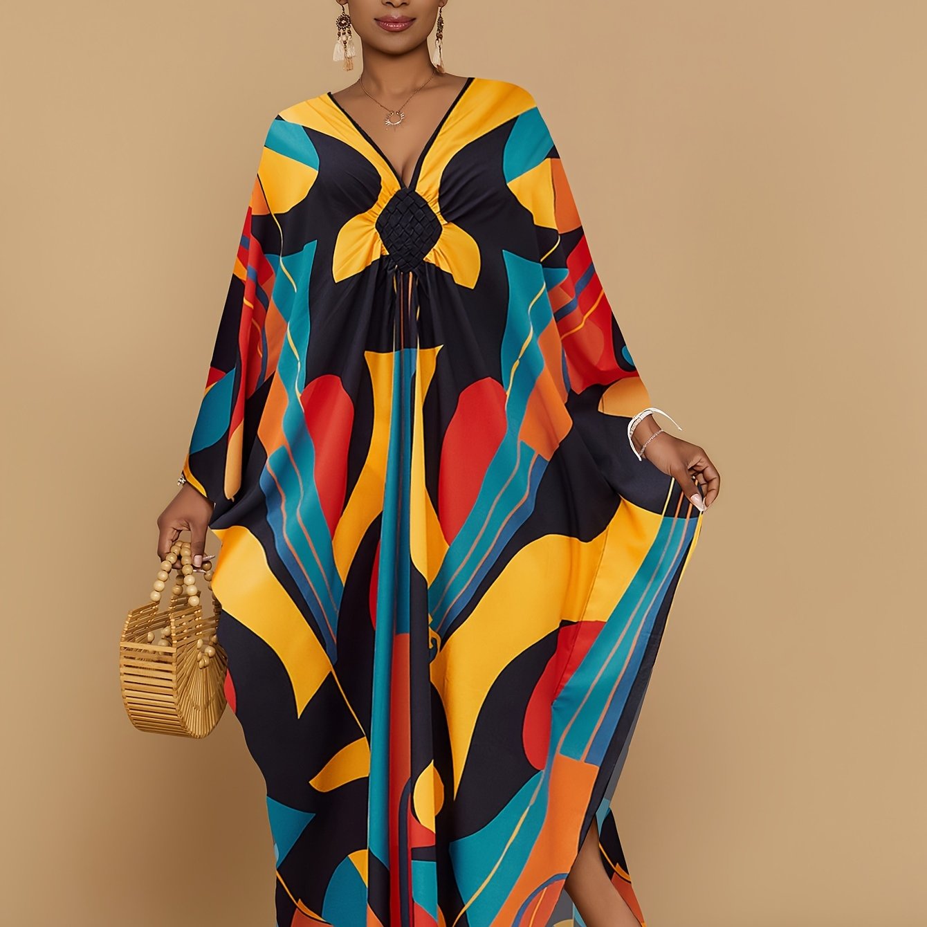 Vibrant Bohemian Kaftan Dress - Four-Sided Elastic V-Neck, Bat Sleeves, Beach Cover-Up