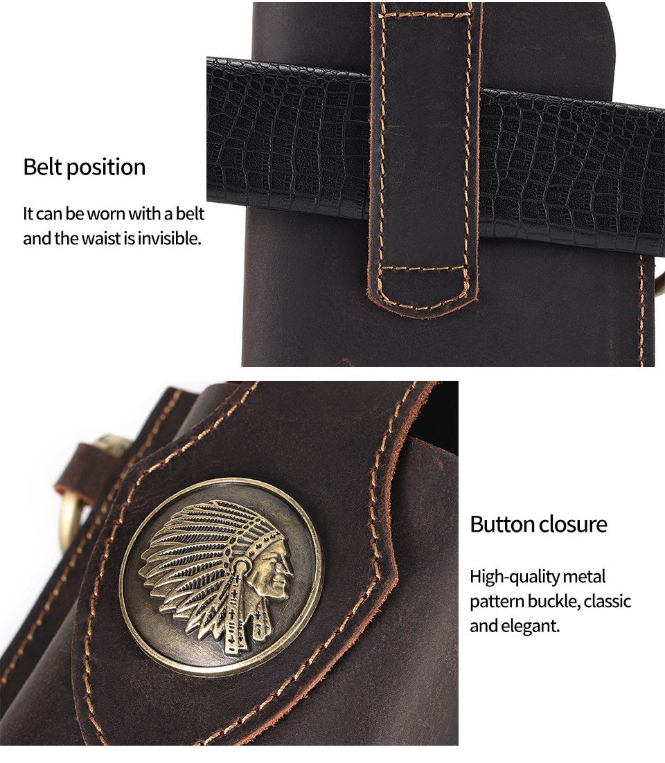 Men's Genuine Leather Mobile Phone Key Waist Bag Creative Vegetable Tanned Leather Waist Bag Men Wear Belt Tactical Waist Bag