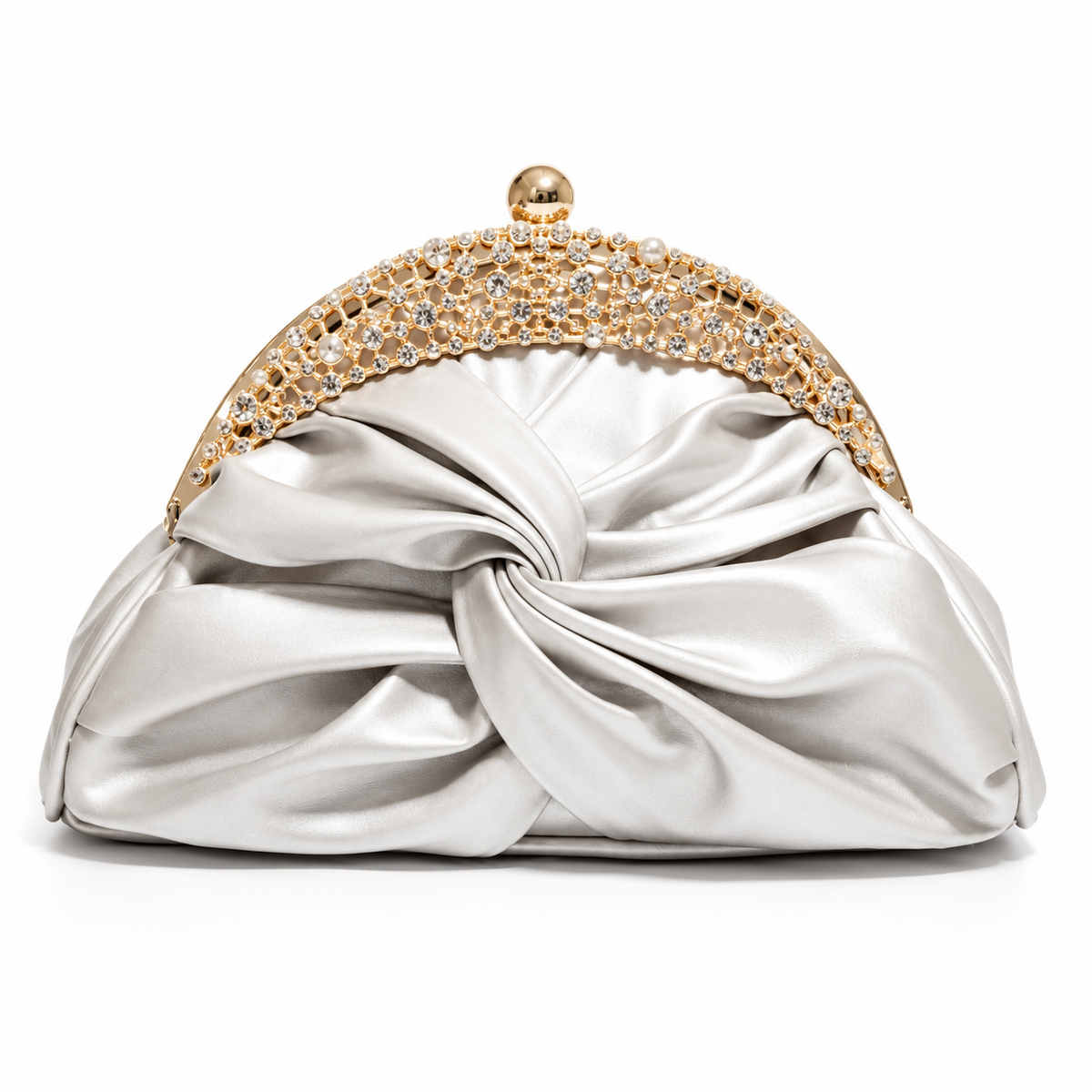 Silver Satin Knot Embellished Evening Clutch