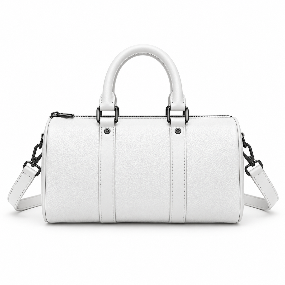 White Textured Barrel Handbag With Strap
