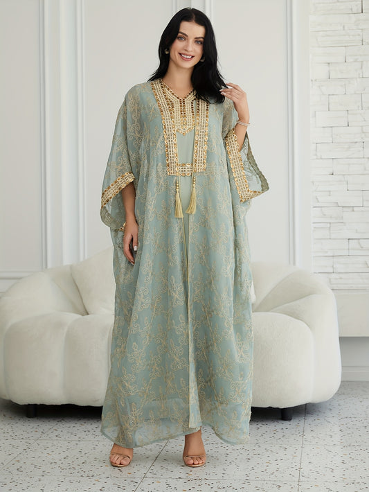 Oriental Style Sequined Lace Two-Piece Mesh Emirati Abaya Dress for Women, Middle Eastern Traditional Long Robe