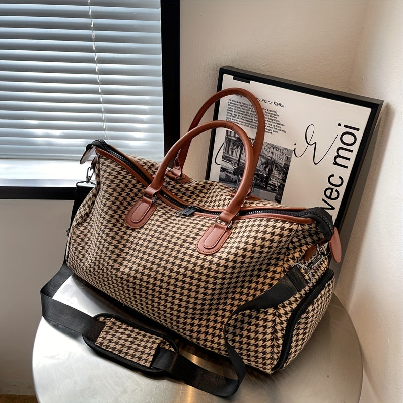 Large Capacity Houndstooth Pattern Sports Bag, Versatile Travel Duffel Luggage Handbag, Trendy Overnight Bag