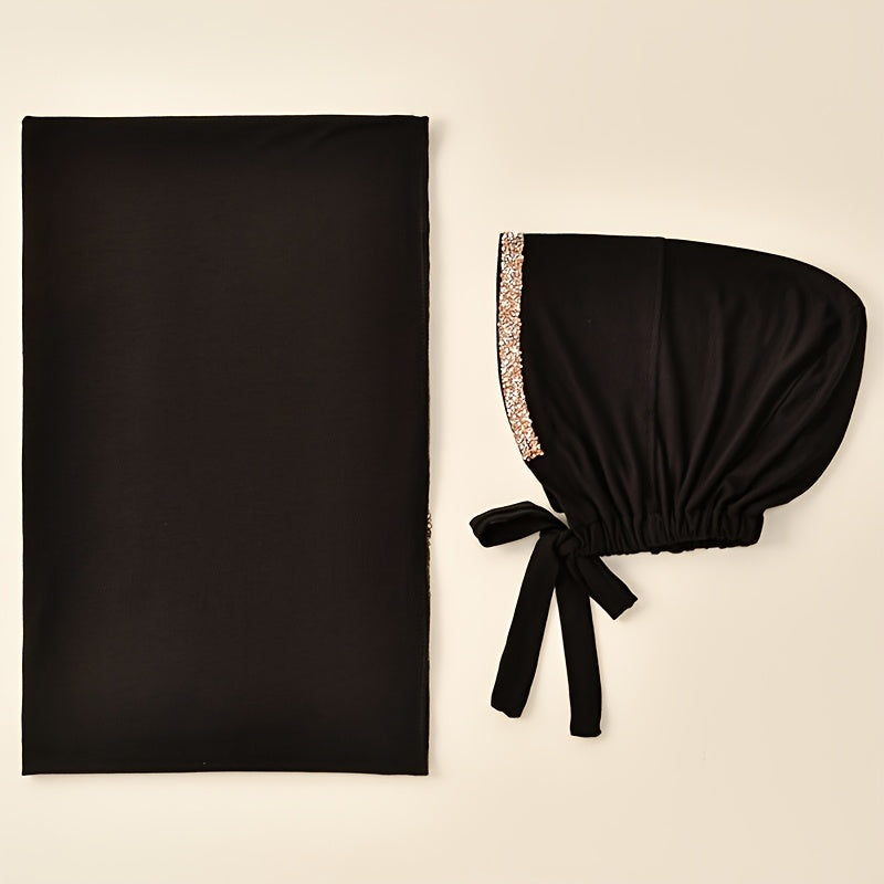 2pcs Ladies Elegant Rhinestone Decorated Headscarf And Cap + Solid-colored Hijab - Breathable, Lightweight And Soft, Suitable for Daily Outings
