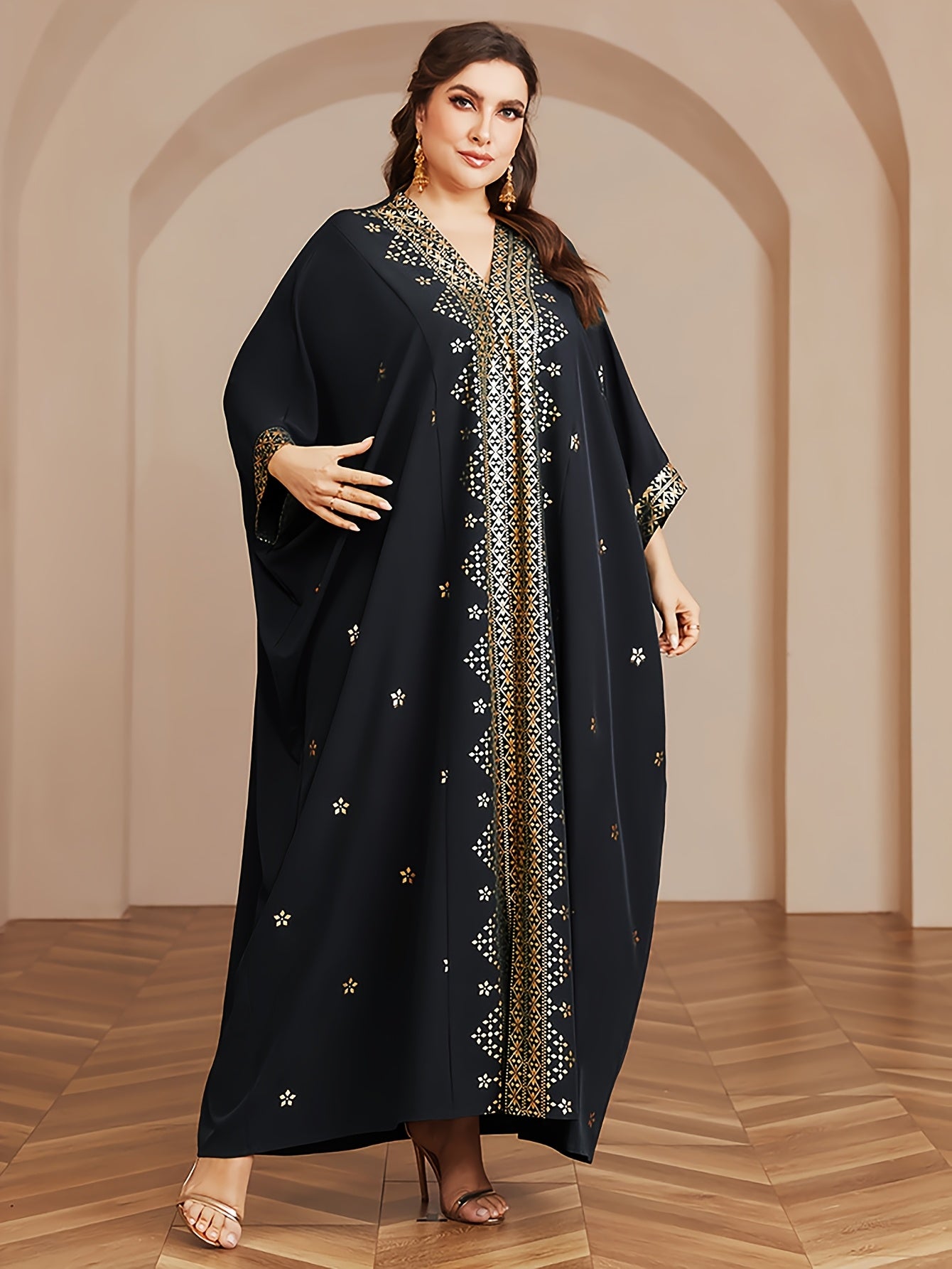 Polyester Long Kaftan | V-Neck Tribal Pattern Woven Non-Stretch, Middle East Golden Tassel, Batwing Sleeve Abaya, Plus Size, All Season