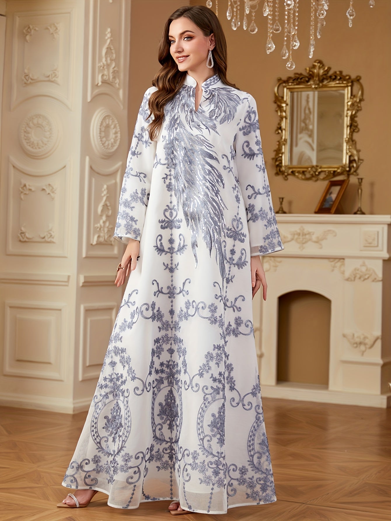 Elegant Blue & White Floral Embroidered Sequin Long Sleeve Maxi Kaftan Abaya - Stand Collar, Polyester, Machine Washable, All-Season Wear for Women