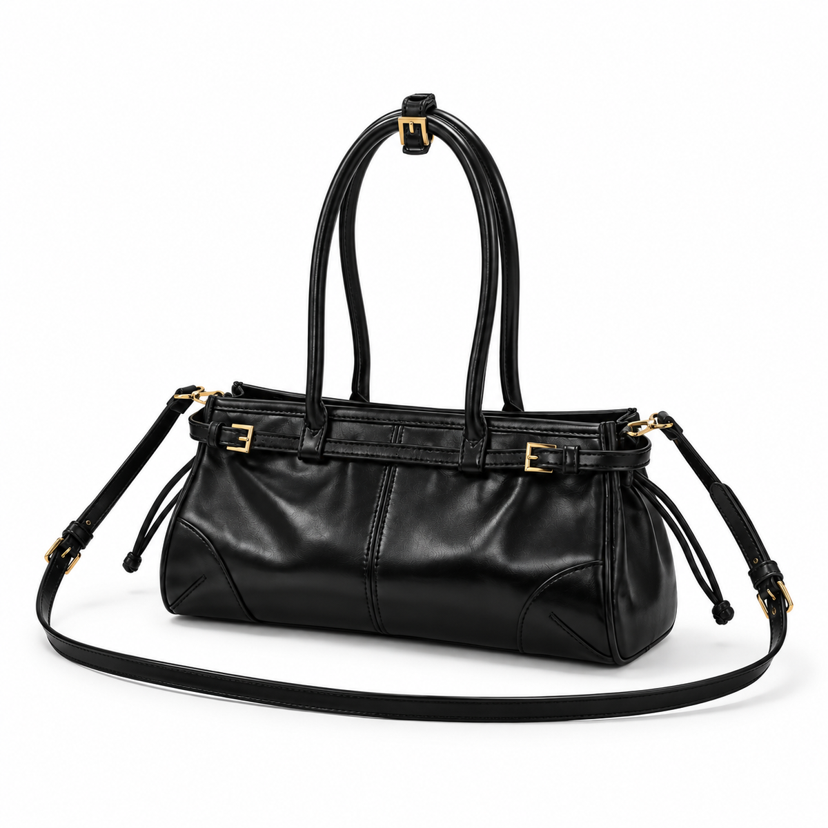 Glossy Black Structured Shoulder Handbag Purse