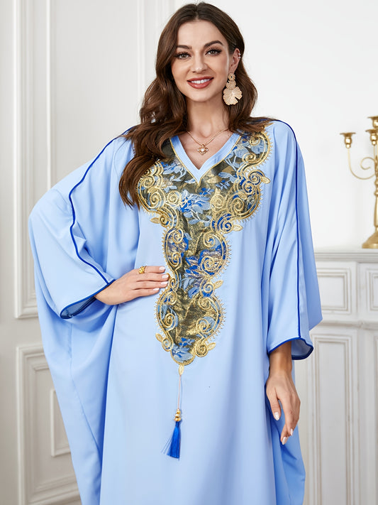 Women's Embroidered Batwing Sleeve Kaftan Abaya, 100% Polyester, Long Sleeve, Solid Color, Non-Stretch, Loose Fit, All Seasons, Woven, 155 g/m² - Middle Eastern Style