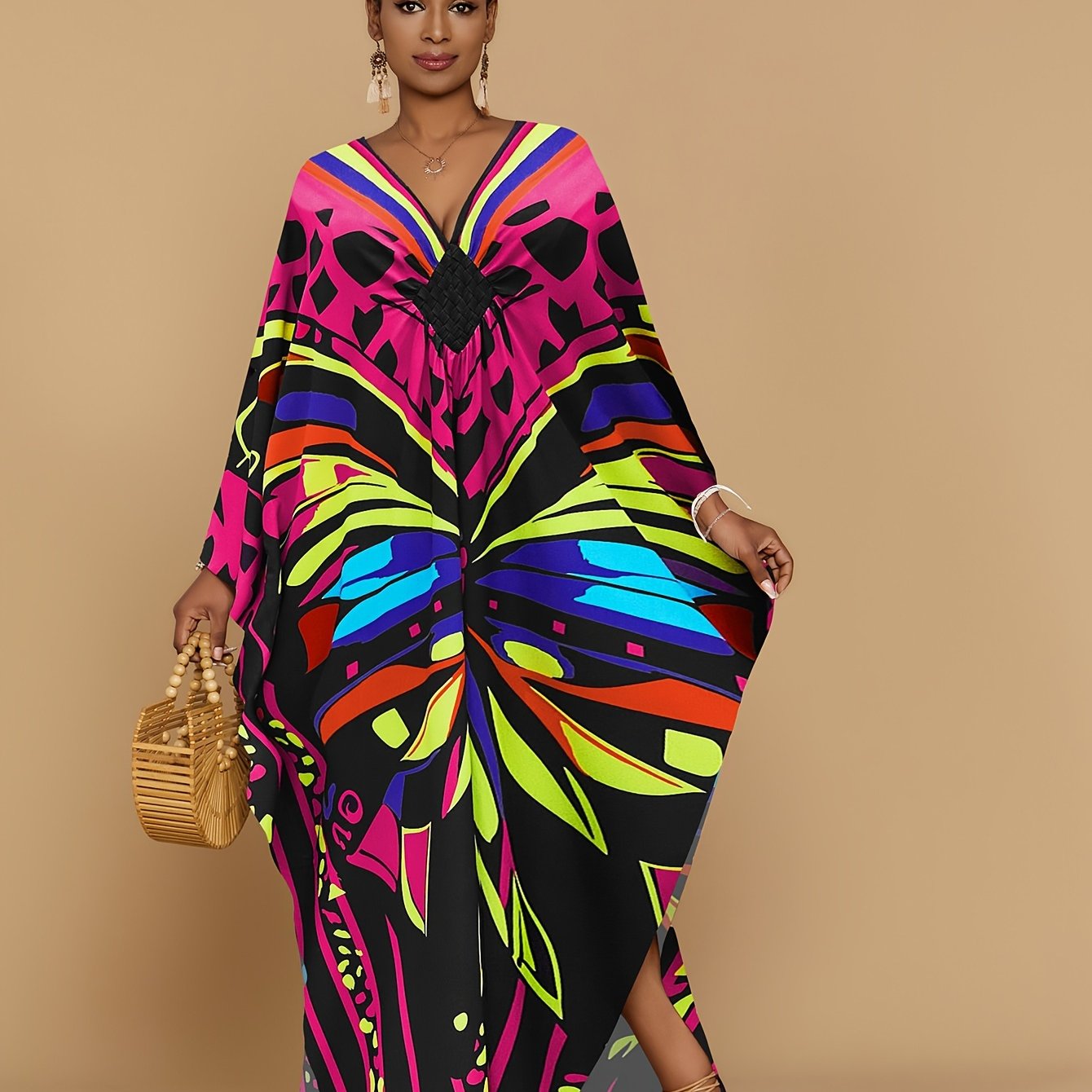 Vibrant Bohemian Kaftan Dress - Four-Sided Elastic V-Neck, Bat Sleeves, Beach Cover-Up