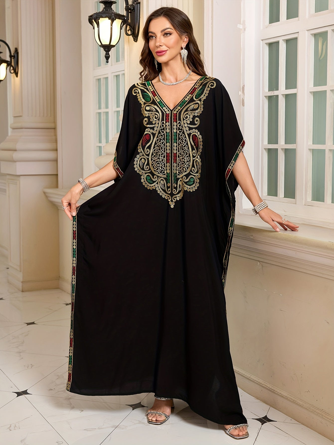 EDOLYNSA Sexy V-Neck Black Retro Colorful Embroidered Batwing Sleeve Elegant Dress Middle Eastern Fashion Loose Kaftan Long Robe Q1865