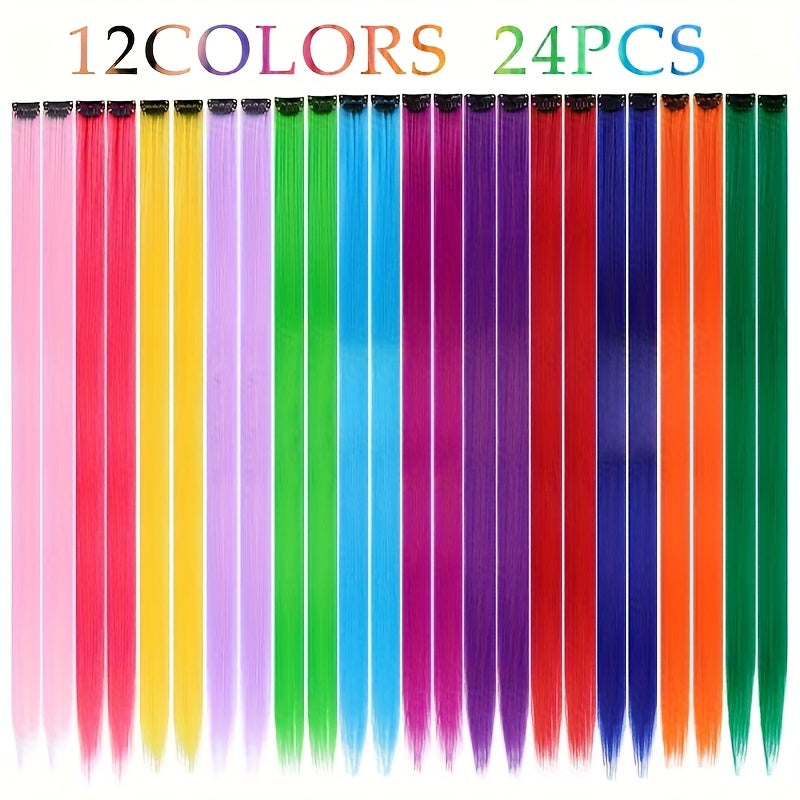 [Mixed Color Hair Extensions] 24pcs Mixed Color Clip-In Hair Extensions Set | 55.88cm Straight Synthetic Hairpieces for Women, High Temperature Fiber, Fashionable for Parties, Halloween & Cosplay