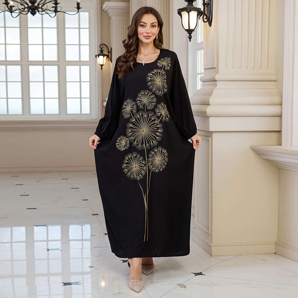 Plus Size, Women's Elegant Dandelion Embroidered Beach Cover-Up Robe Dress - Long Sleeve Loose Fit, Plus Size Black with Golden Floral Print, Lantern Sleeves & Long Length for Vacation, Poolside, Casual Outings, Beach Dress