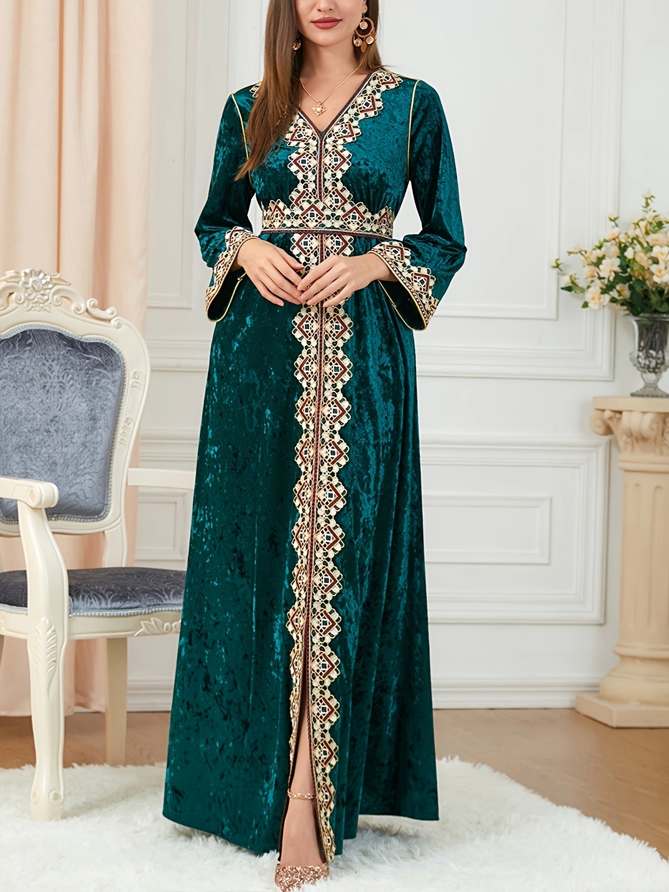 Women's Muslim Velvet Embroidered Abaya with Long Sleeves, V-Neck Moroccan Party Kaftan, Turkish Arabic Maxi Dress.