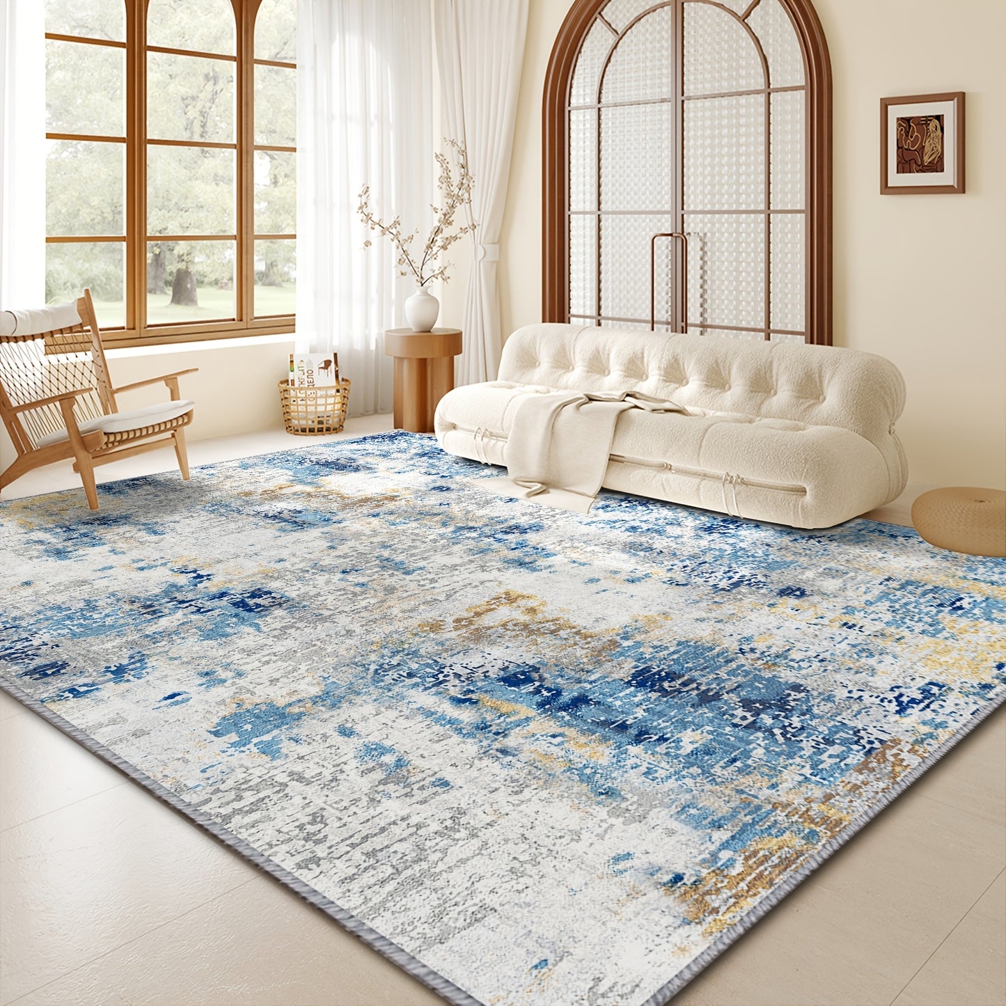 1pc Modern Moroccan Boho Rug - Neutral Blue & Brown Low-Pile Carpet Suitable for Living Room, Bedroom, Office - Machine Washable Soft Indoor Boho with Neutral Tones