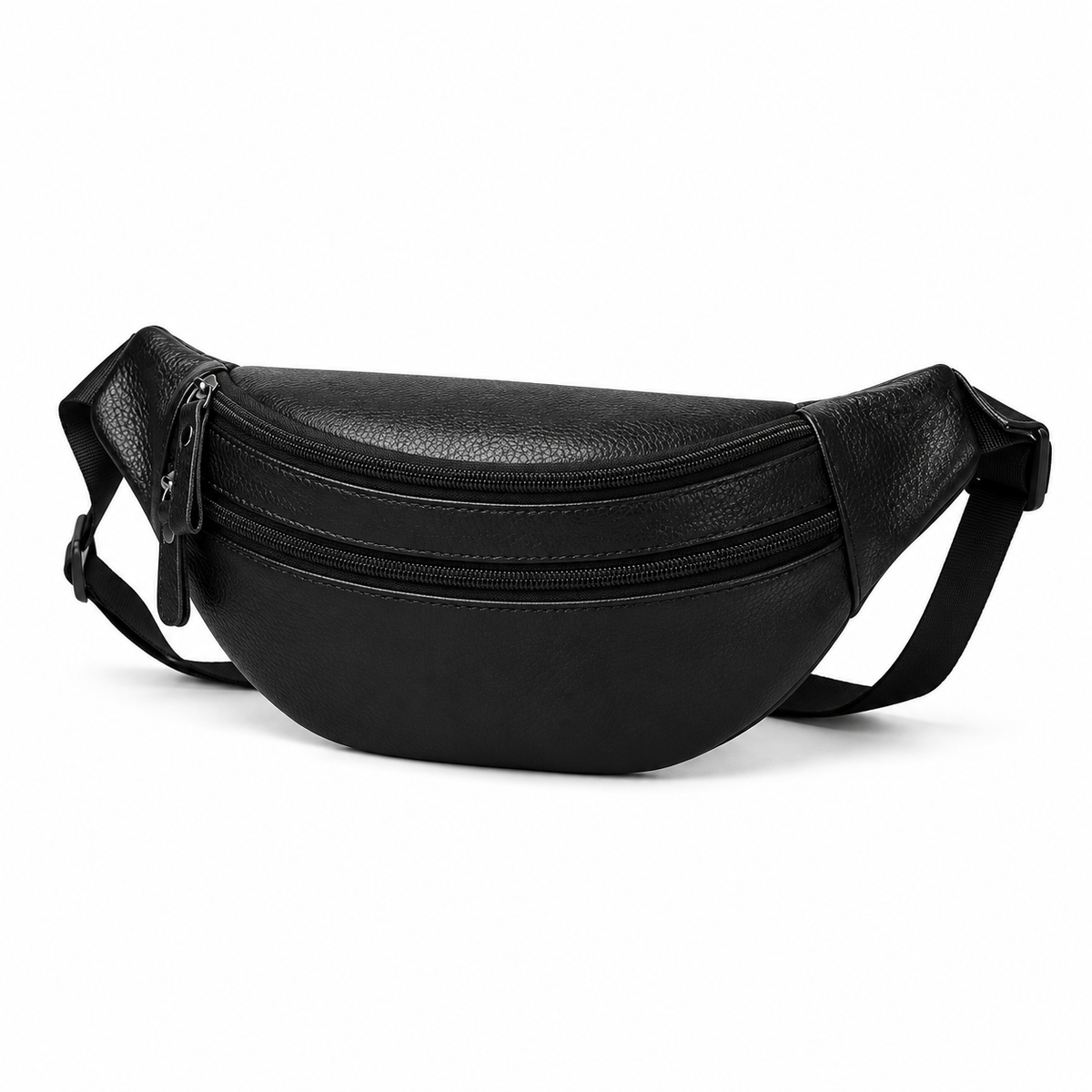 Black Textured Double Zipper Waist Bag