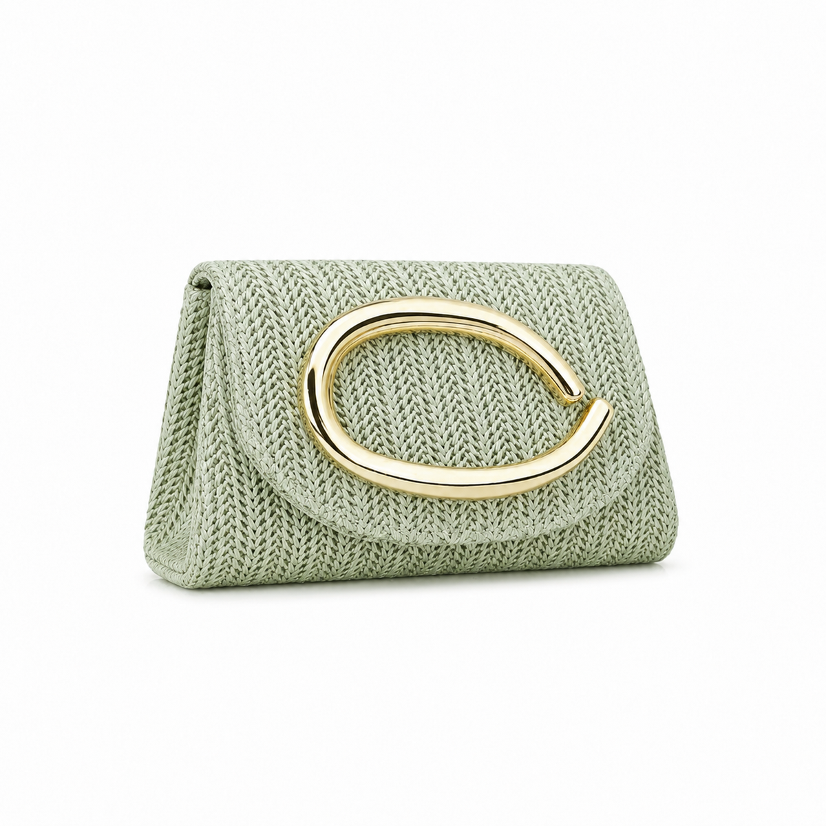 Sage Green Woven Clutch Bag with Gold Oval Handle