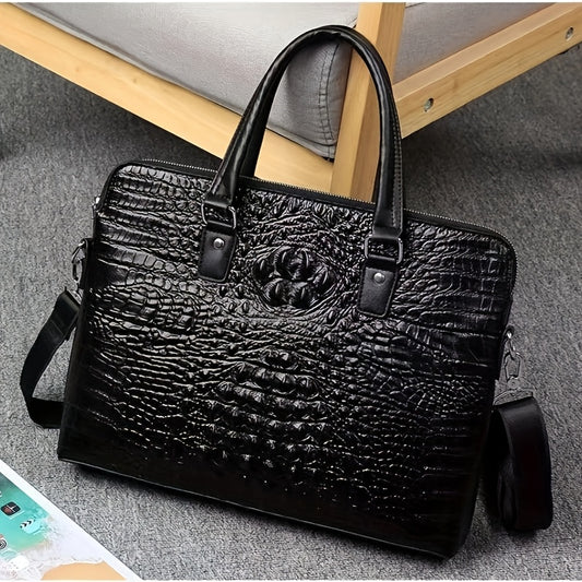 Men's Premium Genuine Leather Briefcase - Large Capacity Bag, Stylish Black Crocodile Pattern Handbag with Tablet Compartment & Zipper Closure