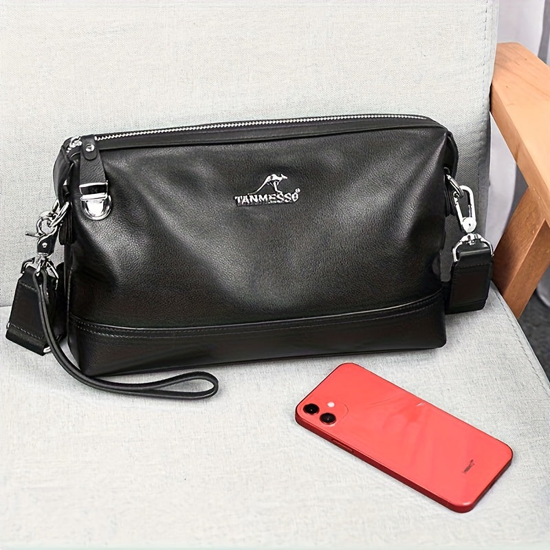 Genuine Leather Men's Crossbody Bag - Adjustable Shoulder Strap, Snap Closure, Soft Cowhide Vintage Style Black Casual Business Backpack for Everyday Use