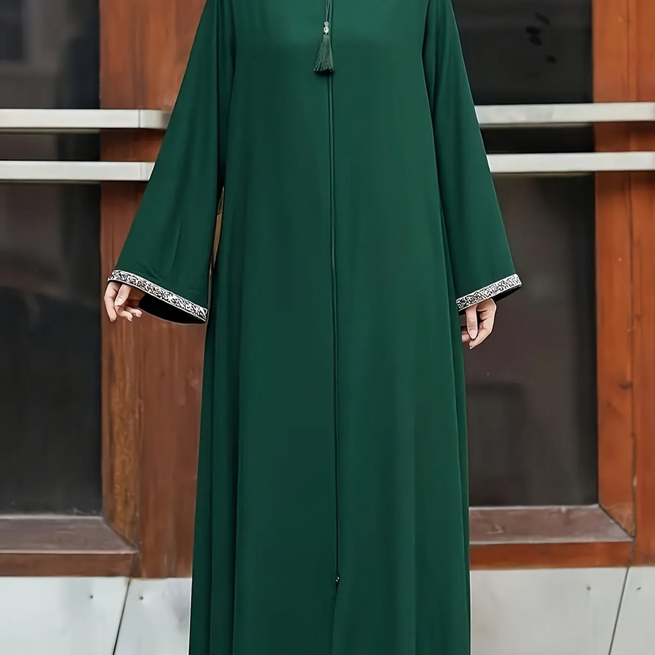 Women's Traditional Moroccan-Style Long Baju Abaya with Zipper Closure - Solid Color, Loose Fit, Round Neck, Polyester, Casual Wear, Casual Wear|Traditional Robe|Polyester Dress