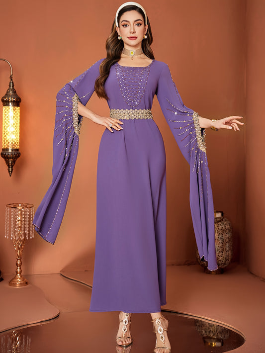 Elegant Lavender Emirati Abaya for Women - Loose Fit, V-Neck with Rhinestone Detail, Long Sleeves, Belted Waist, Perfect for Spring/Summer, Traditional Islamic Fashion, Cultural Attire | Vneck Dress
