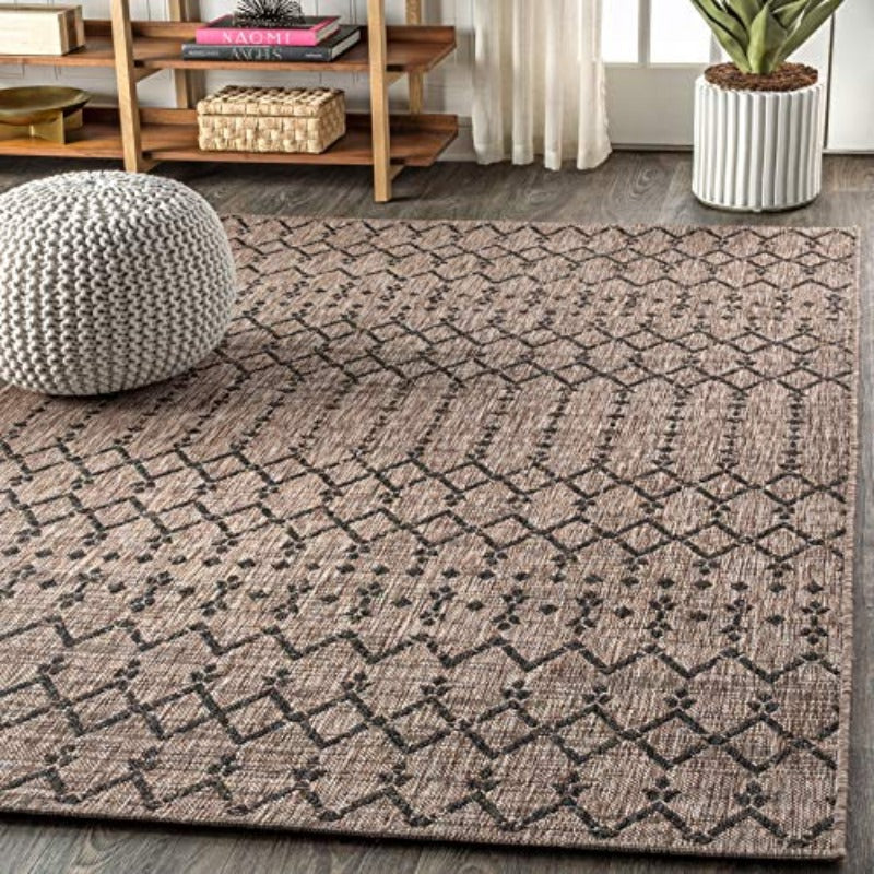 Moroccan Geometric Textured Weave Indoor Outdoor Area Medium Rugs Bohemian Rustic Scandinavian Easy Bedroom Kitchen Backyard Patio Non Shedding Natural Black 8 X 10