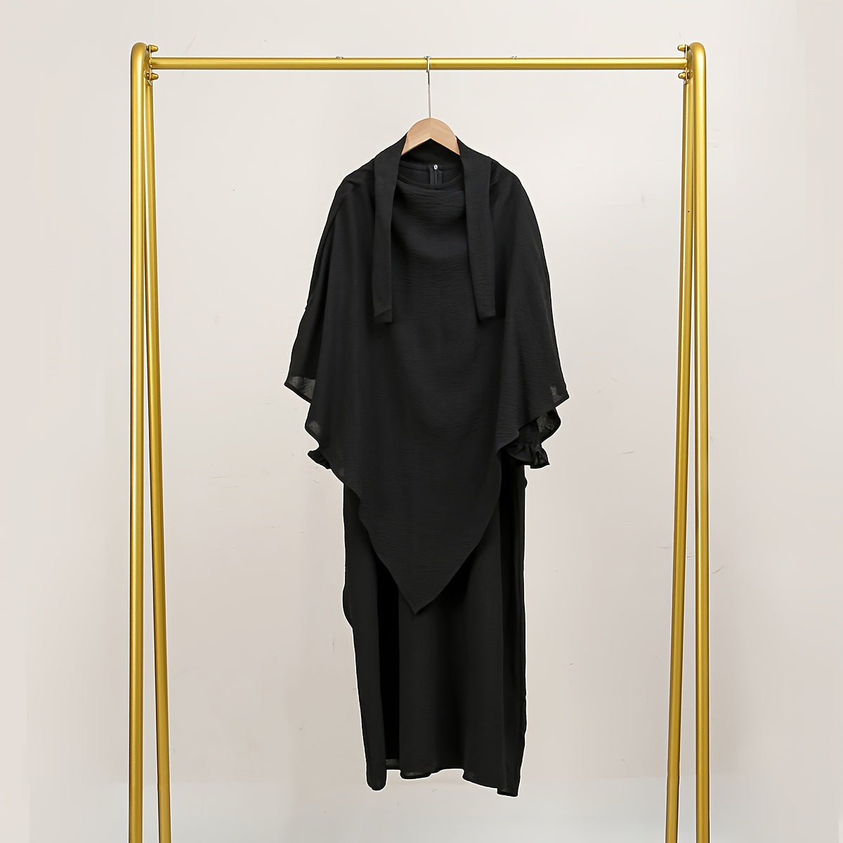 2pcs Elegant Black Polyester Hijab Robes with Pleated Sleeves - Breathable, Sun-Protective, and Stylish Khimar Abaya for Women, Perfect for Outdoor Wear, Hijab Scarf