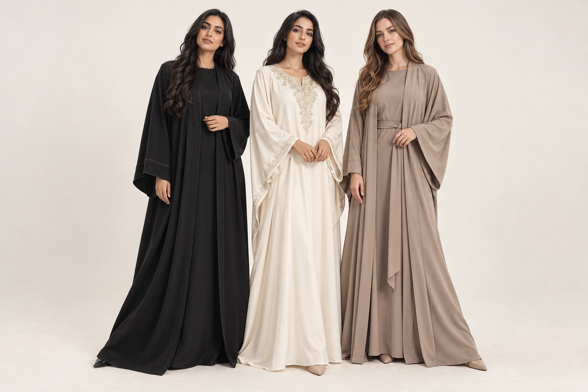 Three long-haired models wearing a black abaya, an ivory kaftan and a taupe abaya-kaftan fusion