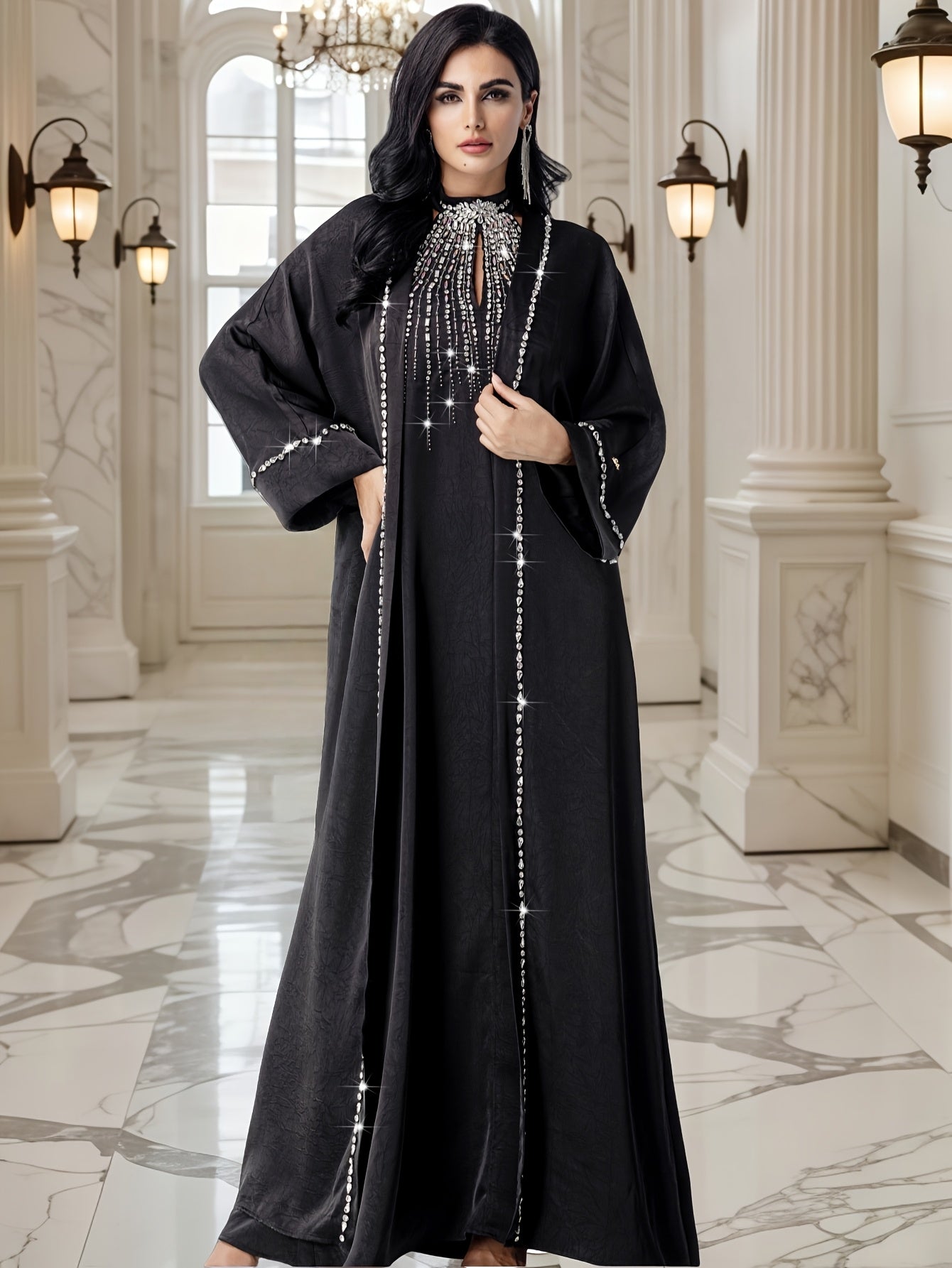 Arabian Style Black Abaya Two-Piece Set! with Rhinestone Embellishments, Luxurious and Elegant
