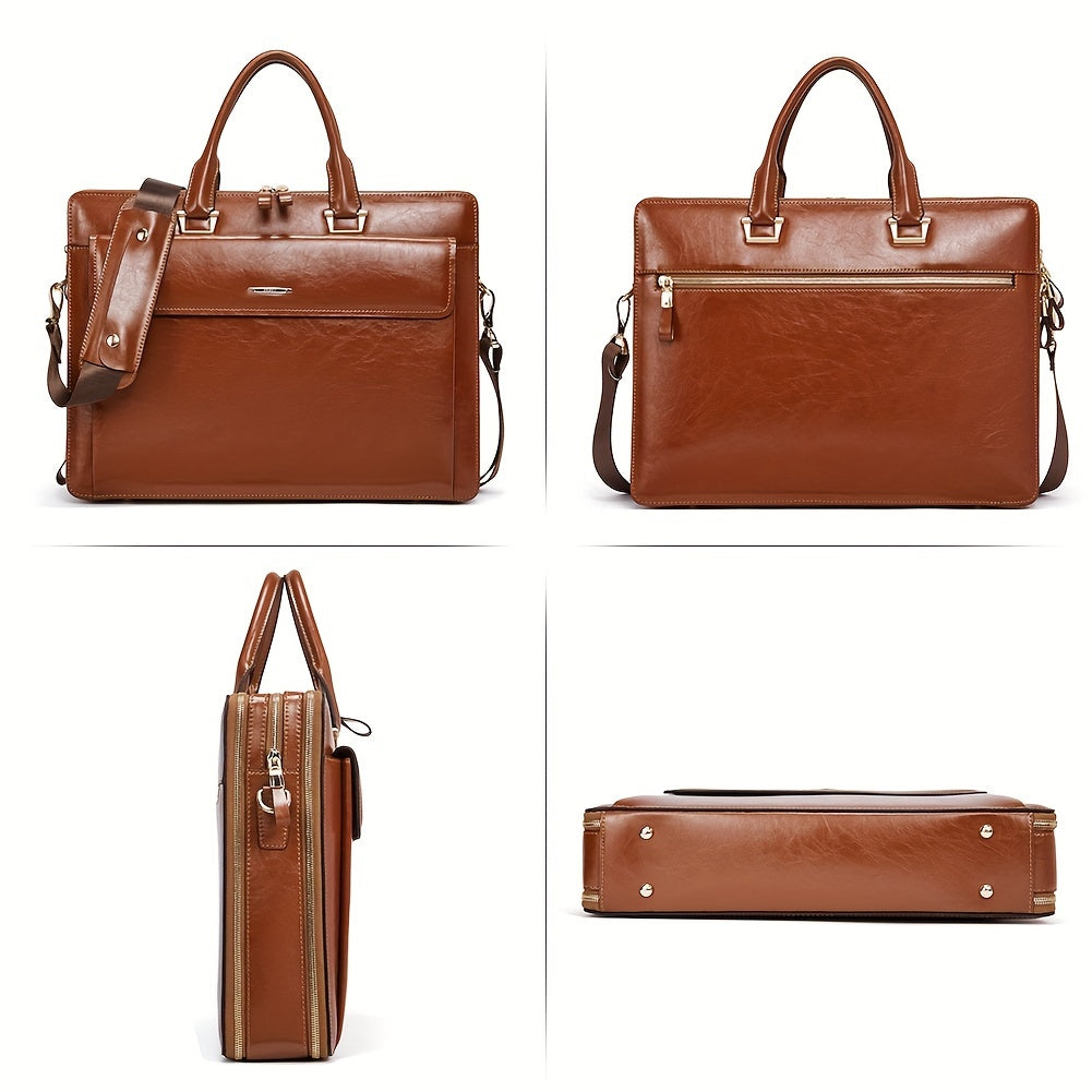 Premium Genuine Leather 15.6" Business Laptop Bag for Women - Light Brown, Adjustable Shoulder Strap
