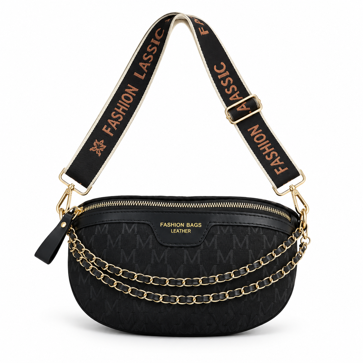 Black Monogram Crossbody Bag With Chains