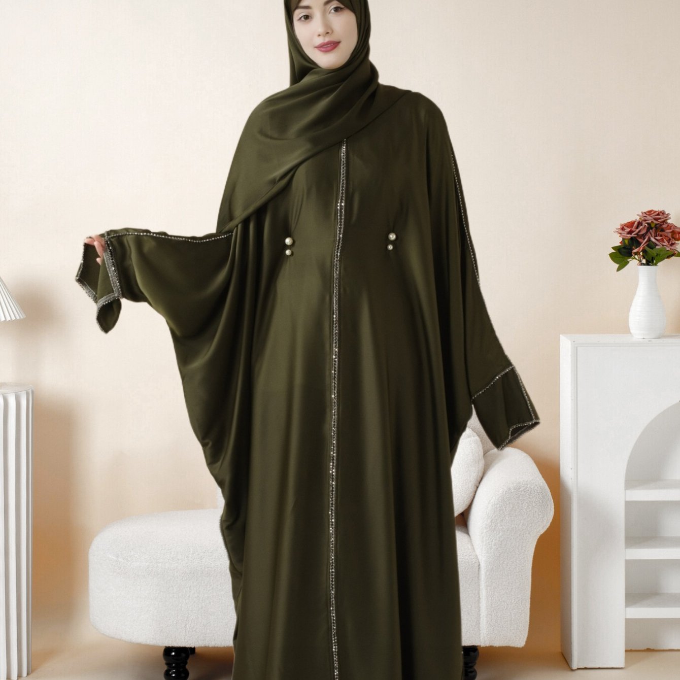 Batwing Emirati Abaya with Matching Hijab | Batwing Sleeve Abaya – Elegant Middle Eastern Arab, Islamic Style Shawl Robe Dress for Women, Long Skirt, Ramadan Prayer Outfit