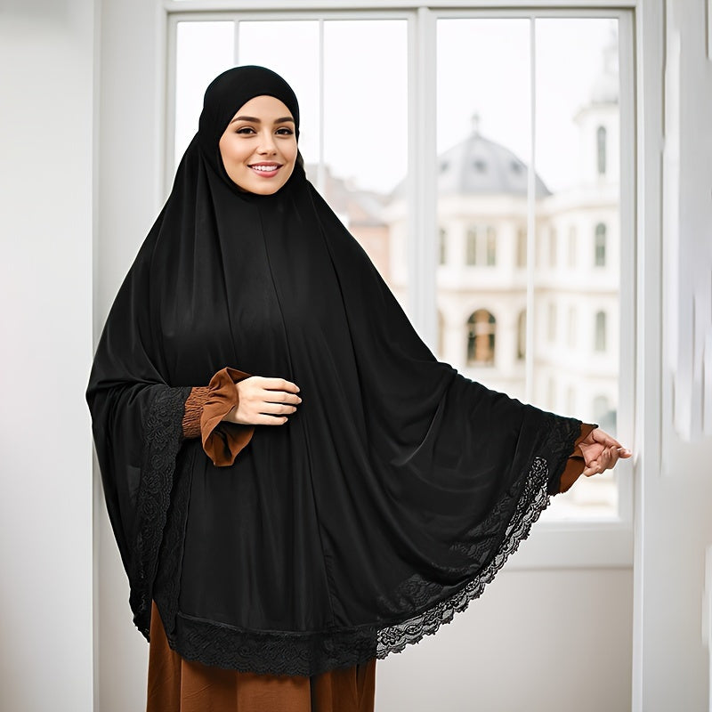 Elegant Muslim Khimar Abaya with Lace Trim - Lightweight Polyester, Breathable & Wind Shielding, Machine Washable Smooth Solid Color Design for Casual & Outdoor Wear, & Versatile Styling, Hijab Scarf
