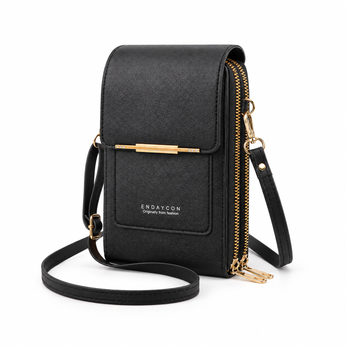 Black Textured Crossbody Bag With Gold