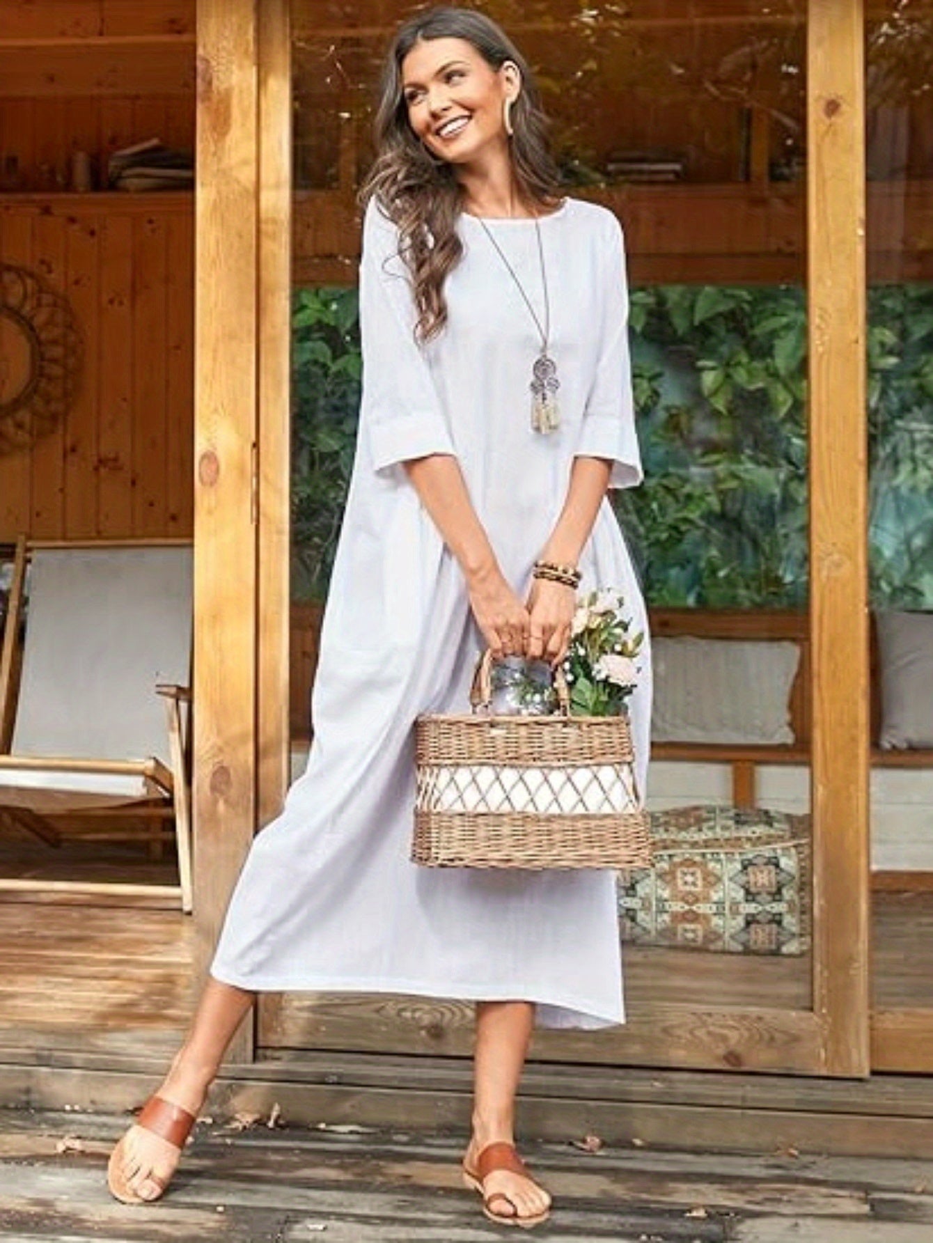 Women'S Elegant Long Dress Caftan Gown - Flowy A-Line Maxi Dress, Soft Everyday & Formal Outfit for Women, All-Season Casual to Formal Events, Versatile Clothing, Round Neckline, Comfortable Wear, Event Attire, Simple Design,
