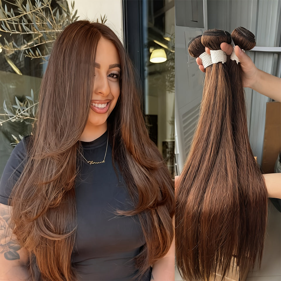 #4 Brown | 100% Virgin Human Hair Extensions 3 Bundles - Brazilian Remy Clip-Ins for School, College, Party & Dating | Soft, Tangle-Free & Smooth | Back to School Ready! Limited Time Offer