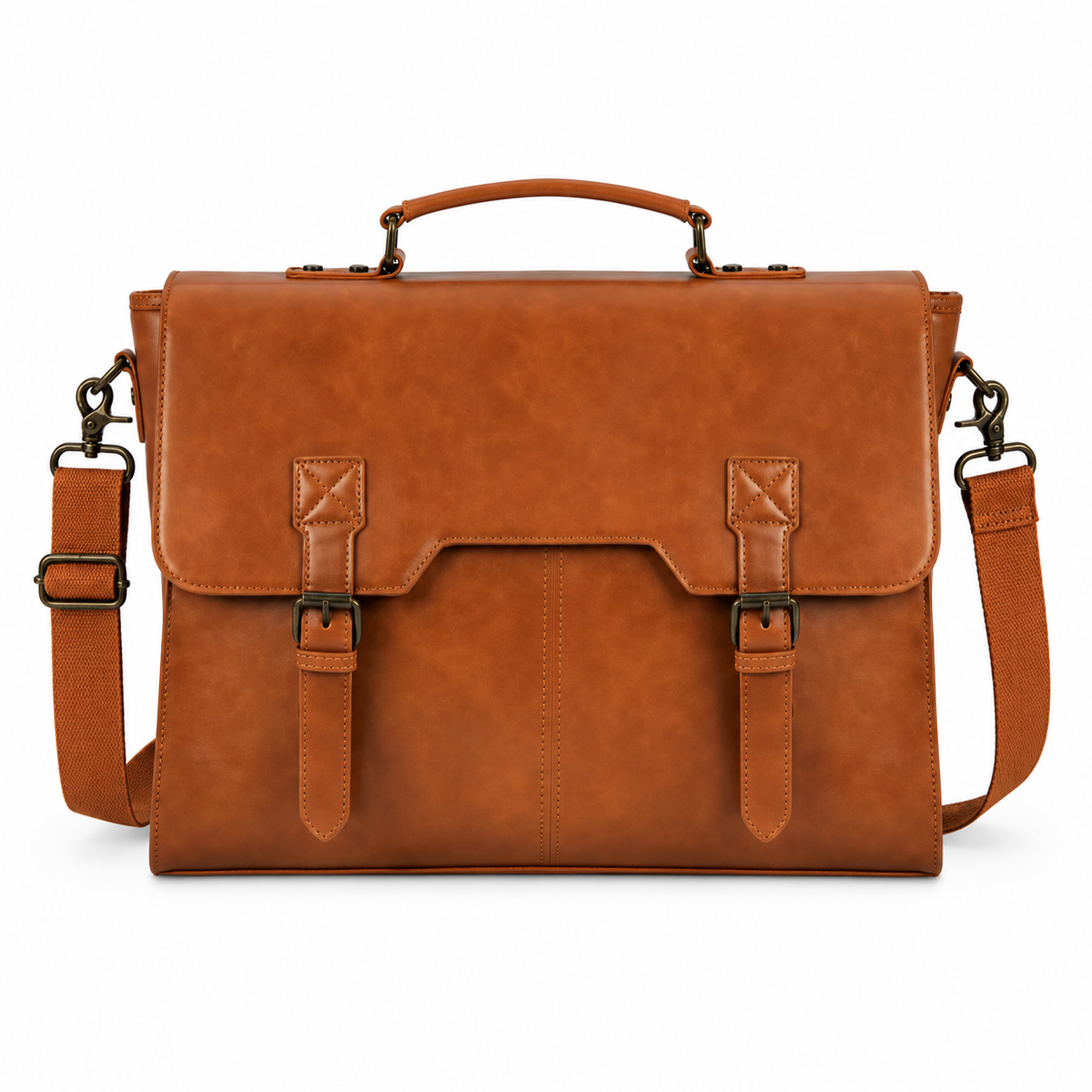 Classic Cognac Leather Briefcase With Buckles